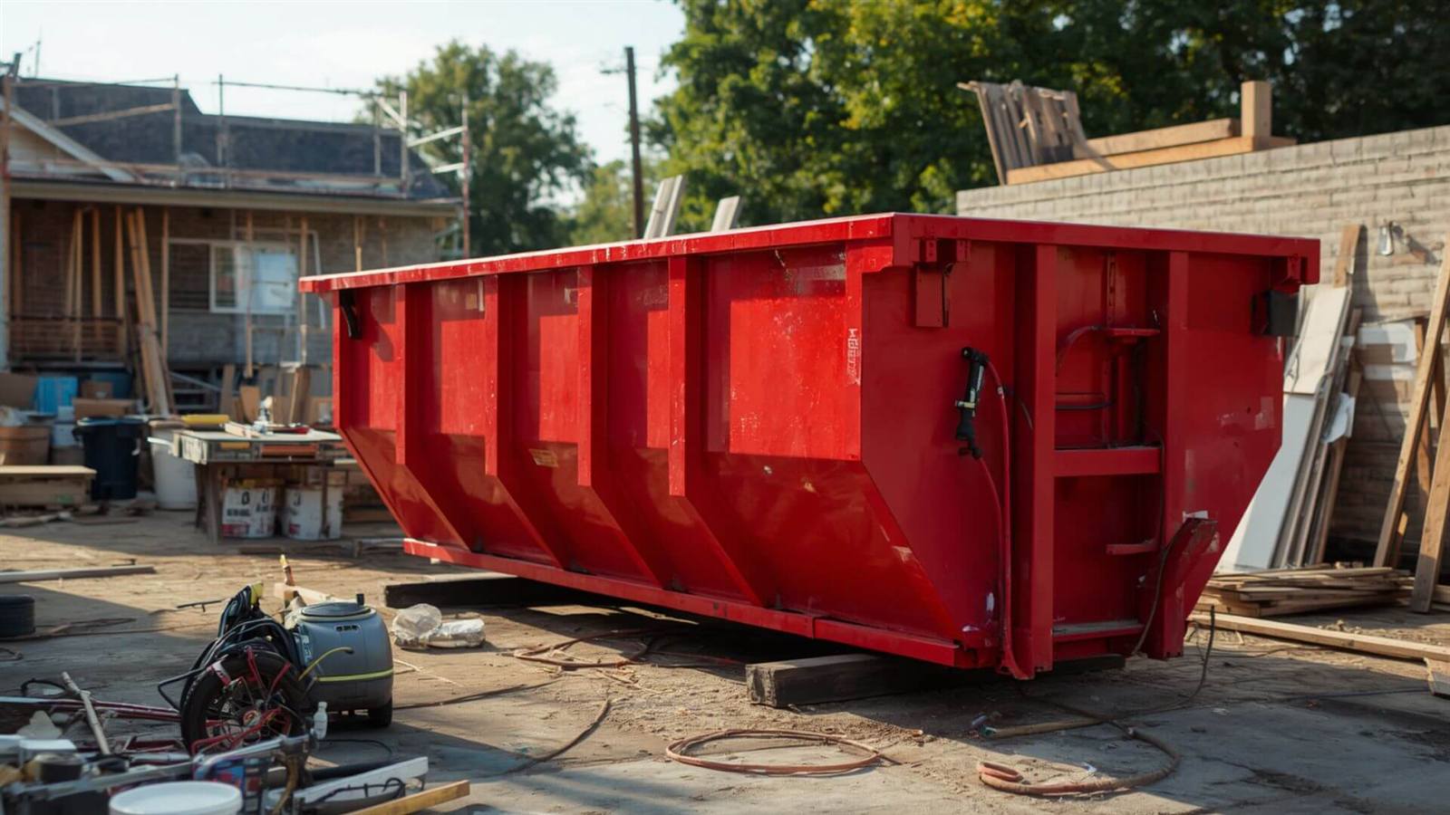 Red roll-off dumpster with low walls, easy to place on residential driveways